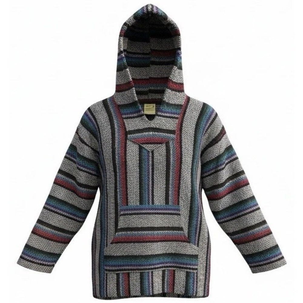 Vintage Franks Textiles Multicolor Striped Baja Hoodie Hippie Poncho Med Sweater